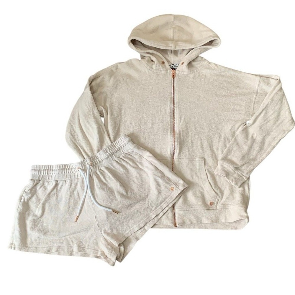 Volcom Lived In Lounge Set Women M S Cream Zip Hoodie Shorts Co-ord Athleisure